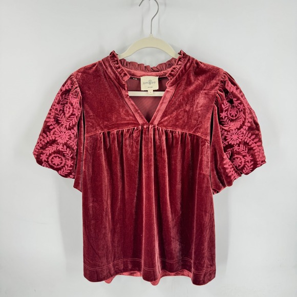 Umgee Tops - Umgee Velvet Top Burgundy Size L Boho Embroidered Puff Sleeve Victorian Romantic